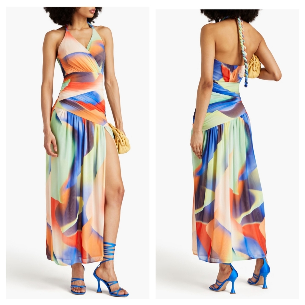 NICHOLAS Bristol Ruched Printed Mesh Halterneck Multicolor Slit Midi Dress